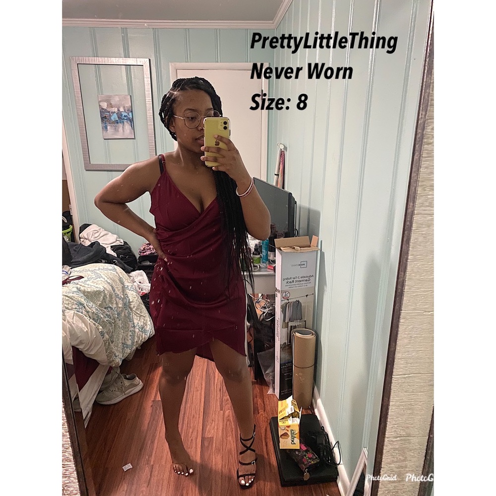 PrettyLittleThing Satin Burgundy Dress